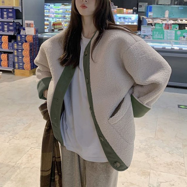 림블리 LB7045 코듀로이 배색 소프트 뽀글이 후리스 겨울 자켓