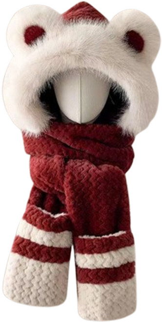 여성 귀여운 토기털 귀달이 모자 머플러 장갑 3종세트 여자 겨울 방한모자 목도리