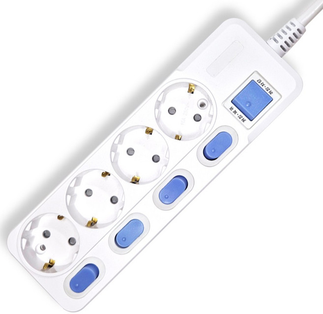 개별스위치+과부하차단 KC인증 접지 2800W 절전 콘센트 4구 멀티탭, 1개, 화이트(파란스위치), 1.5m