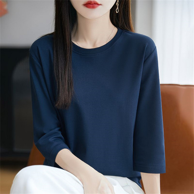 Vezri 여성 봄 여름 가을 간절기 베이직 코튼 라운드넥 7부소매 티셔츠 캐주얼 루즈핏