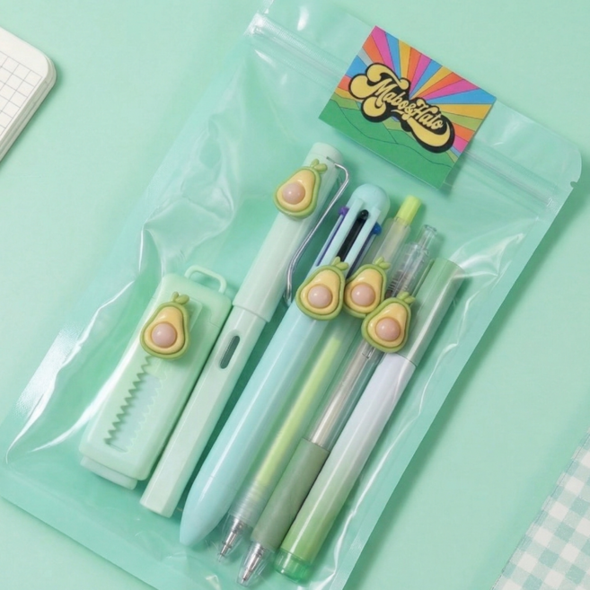 마보앤할로 과일 문구세트 학용품 볼펜세트 교회 학교 단체선물, 2개, 그린 - 아보카도