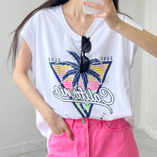 여름 민소매 야자수 박시 나시 티셔츠
