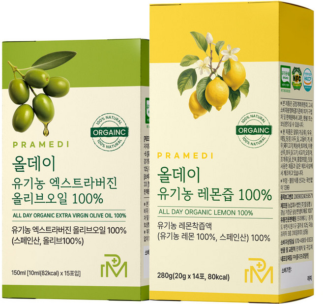 프라메디 올레샷 세트 산도 0.14 프리미엄 유기농 엑스트라버진 올리브오일 + 유기농 레몬즙, 1세트, 15회분