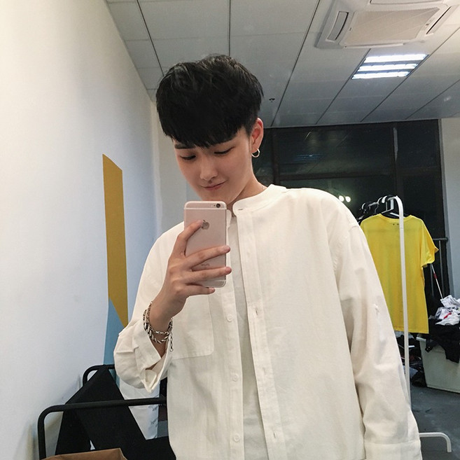 男裝小文青純色無領襯衫