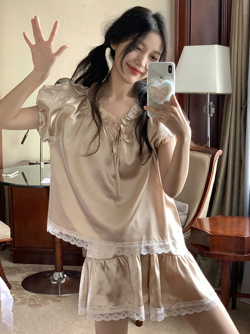 輕奢絲綢睡衣女 短袖短褲 花邊家居服