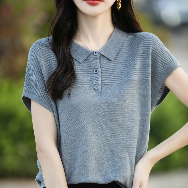 NEW 쿨 여성 폴로 니트티/데일리 캐주얼 단가라 카라티/풀오버 니트/여름 루즈핏 니트반팔 티셔츠