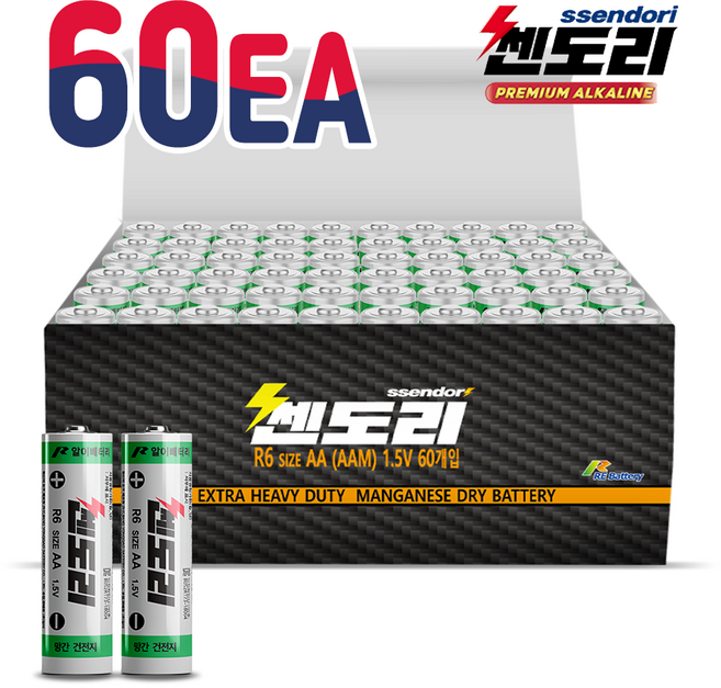 쎈도리 망간 AA 60알 국산 일회용 건전지 R6 배터리, 1세트, 60개입