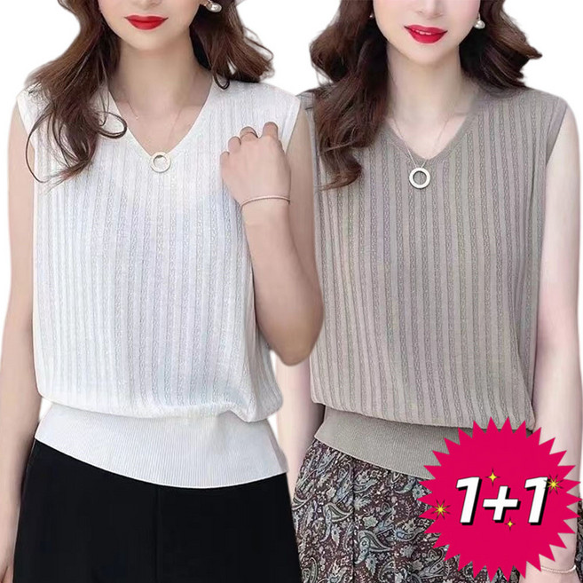 1+1 반팔티 반팔 블라우스 여성 민소매 블라우스 캐주얼 데일리 여름 오버사이즈 빅사이즈 브이넥 니트 셔링 블라우스 ISK26032441 26