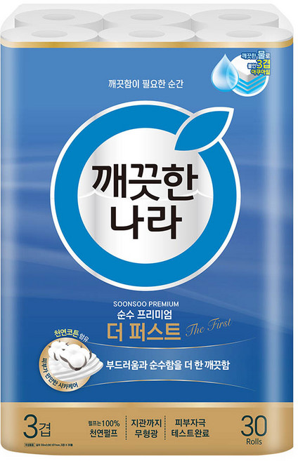 깨끗한나라 순수 프리미엄 더 퍼스트 천연펄프 3겹 고급롤화장지, 30m, 30개입, 1개