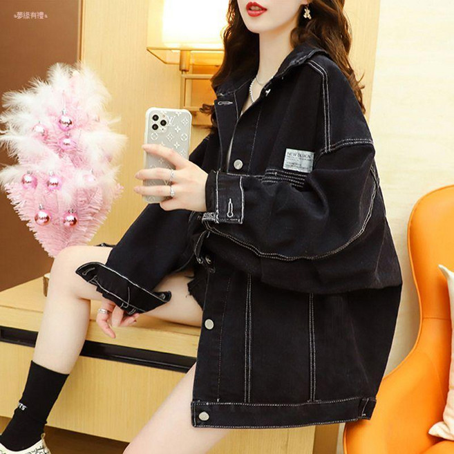 黑色牛仔外套女春秋百搭上衣寬鬆牛仔服