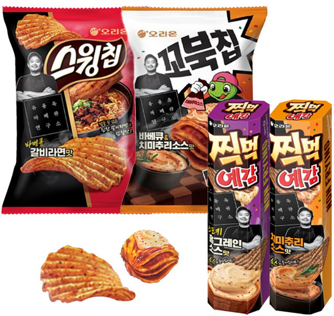 [유용욱세트] 스윙칩 바베큐갈비라면+꼬북칩 바베큐치미추리소스+찍먹 예감 홀그레인소스+치미추리소스 (총 4개)