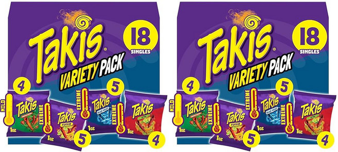 Takis 18피스 / 28.3g(1온스) 히어로 버라이어티 팩 다양한 맛의 혼합 롤 토르티야 칩 - 푸에고 8개 블루 히트 6개 강렬한 나초 4개