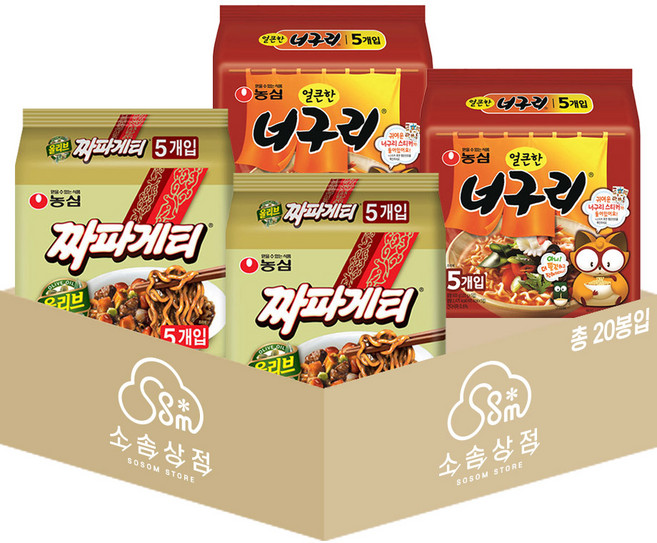 농심 봉지라면 혼합 20봉 (짜파게티+너구리 각 10봉), 1세트
