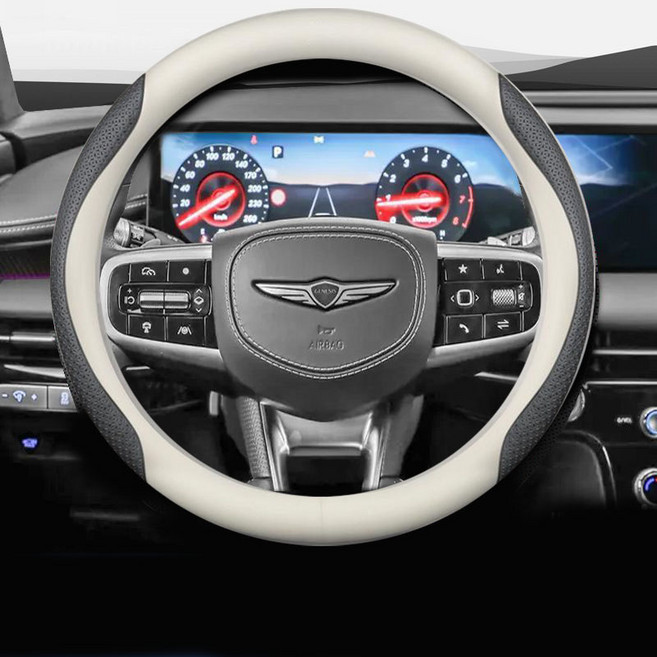 제네시스 전차종 호환 프리미엄 나파 가죽 카본 핸들커버, 원형(G-02), 베이지 엠보