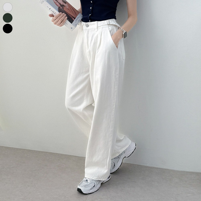 블레스유 여성용 허리조절 바지 핀턱팬츠 일자 와이드 코튼팬츠 흰바지 핏조절