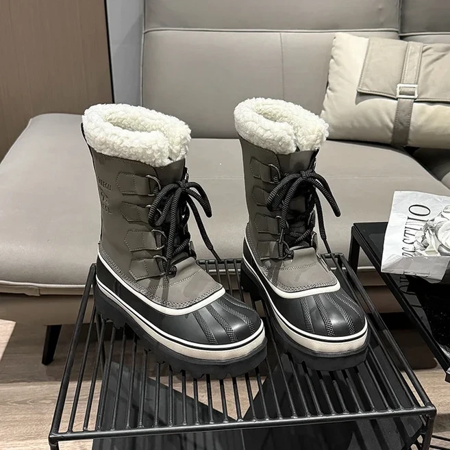 등산용 방수 및 미끄럼 커플 중간 길이 레이스업 스노우 가죽 울 따뜻한 두꺼운 스키 부츠, 06 36, 02 Gray