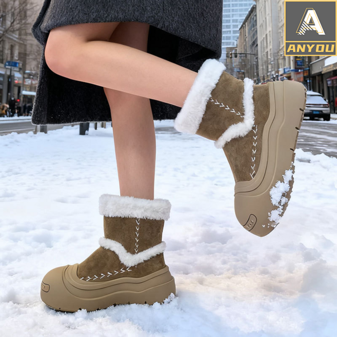 ANYOU 겨울 여성 두꺼운 밑창 스노우부츠 따뜻한 뽀글이 털안감 방한 슬리퍼 방한화