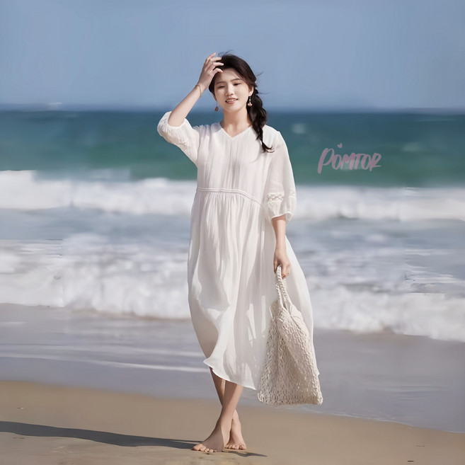 POMTOR 여성 빅사이즈 화이트 레이스 브이넥 원피스 바캉스룩 휴양지룩 롱 원피스