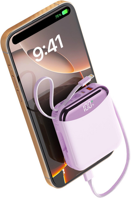 PIUJJA 일체형 QC3.0 PD 22.5W 대용량 고속충전 케이블 휴대용 미니 C타입 고속충전 보조배터리 10200mAh, 퍼플