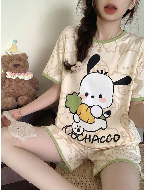 可愛卡通印花寬鬆短袖短褲睡衣套裝