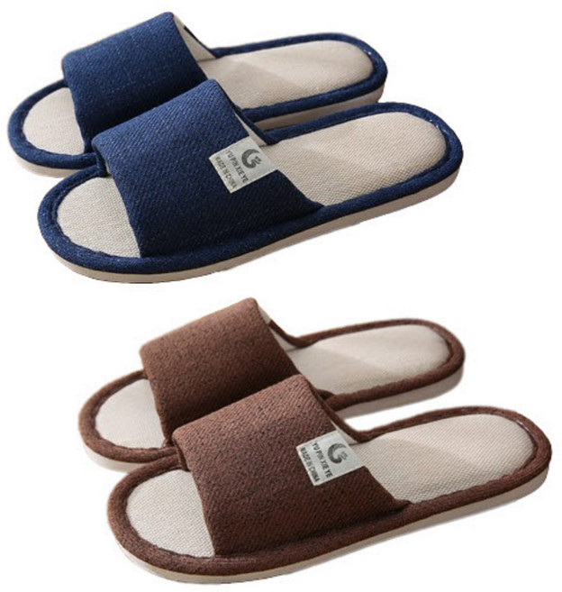 린넨 실내 슬리퍼 거실화 2개 세트, 네이비, 브라운, 1개