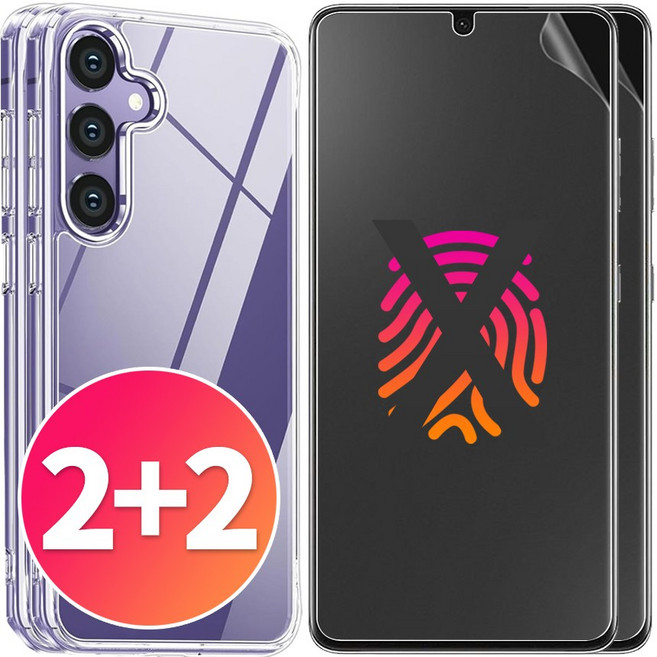 스톤스틸 2+2 갤럭시 S24 플러스 울트라 종이질감 지문인식 풀커버 액정 보호 필름 2매 + 투명 심플 젤리 케이스 2개, 1세트