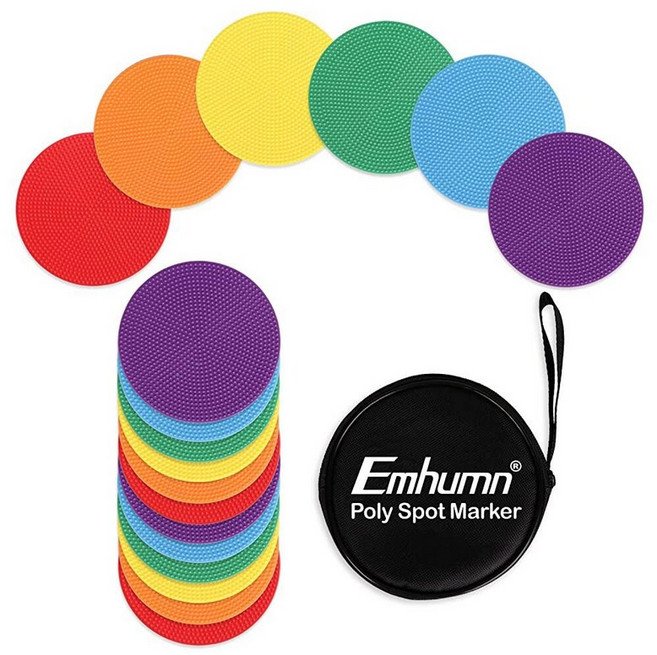 Emhumn 민첩성 도트용 10.2cm(4인치) 및 22.9cm(9인치) 폴리 스팟 마커 체육관/체육 훈련 댄스 6/12/24피스 원형 다양한 색상 사이즈 고무 미끄럼 방, 10.2cm(4인치) + 휴대용 가방 12개