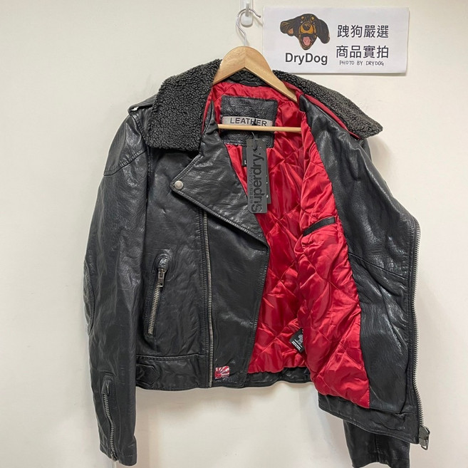Superdry 男款騎士斜領真皮皮衣外套 (可拆毛領), 復古黑色,XL, 1個