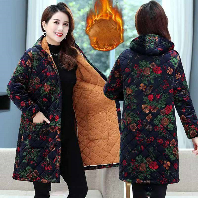 AOKADA 중년 여성 겨울 퀼팅 루즈핏 털안감 하프 패딩 도톰 보온 후드 점퍼