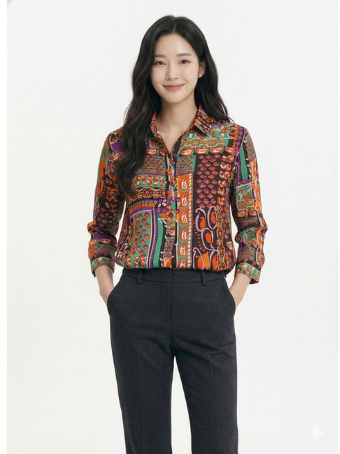 크로커다일레이디 바이올렛 순면 패턴 프린팅 블라우스 CLCMBL132