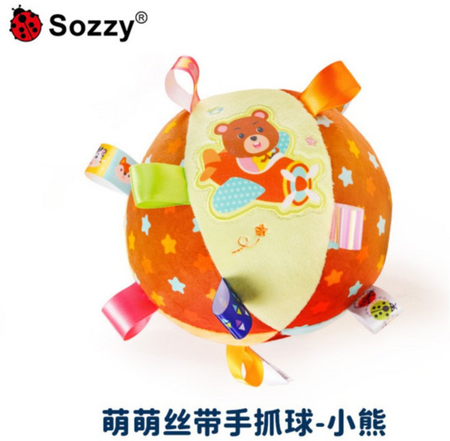 Sozzy 毛絨搖鈴手抓球 超柔安撫鈴鐺球 標籤布球 安靜球, 1個, 彩色－星星.飛機小熊