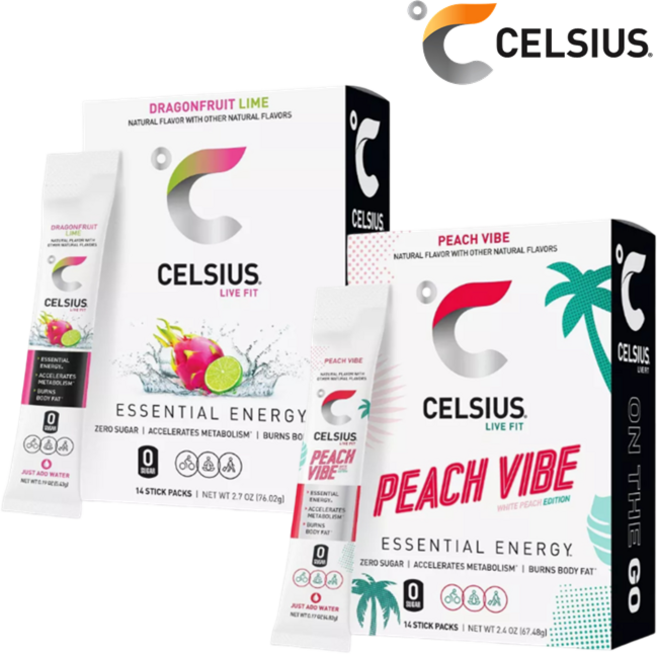 [CELSIUS] [1+1] 셀시어스 히트 워터 제로슈가 드래곤프루트 라임 맛 14개입 + 피치 바이브 14개입 운동 보조 에너지 드링크 파우더 Energy Drink Mix