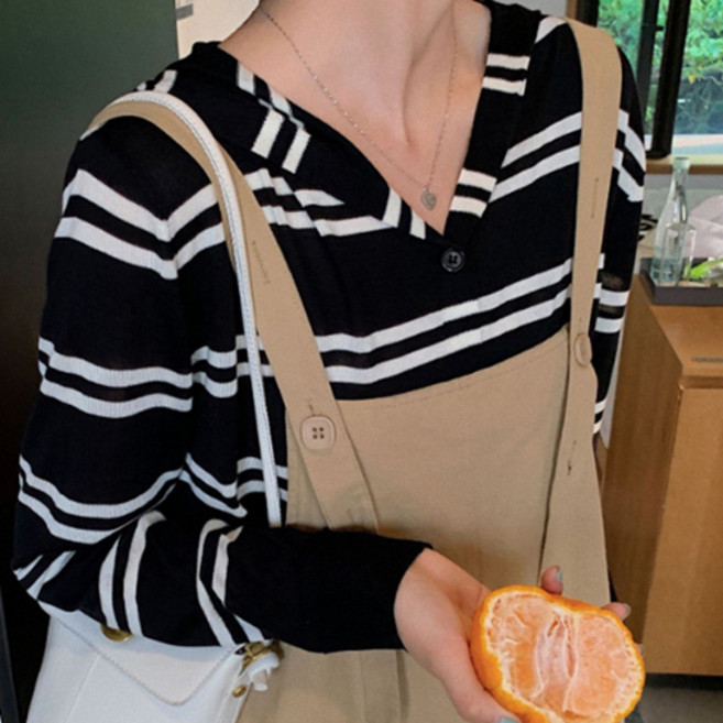 데일로엔 여성용 스트라이프 여성 긴팔 니트 후드 티셔츠