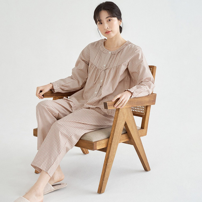 메이플라워 베이지체크 긴팔 순면 여성 빅사이즈 잠옷 홈웨어 세트
