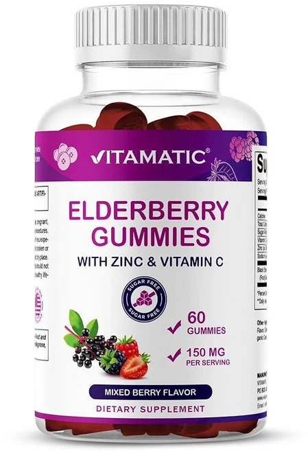Vitamatic Elderberry 비타민 C 및 아연 함유 젤리 - 면역 지원 보충제 혼합 베리 맛 60개 미국산 비건 GMO 프리 글루텐 프리, Vitamatic Elderberry 비타민 C 및 아, 1개 - 쿠팡