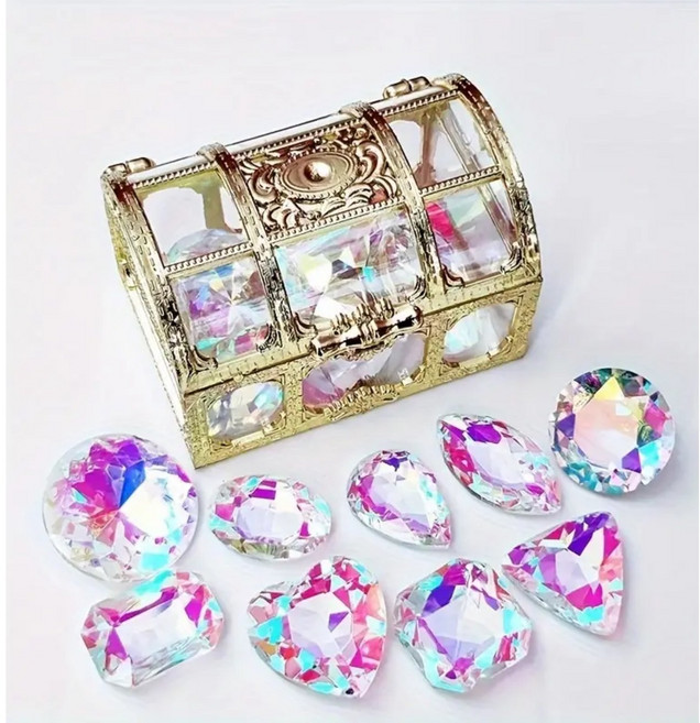 다채로운 해적 보석 보물상자 해적 보물 수정 보석 공주 성과 해적 보물 상자 디자인 작은 금색 상자 무지개 보석 소품 악세사리 보관함 인테리어, 화려한빛 보물과 보물함