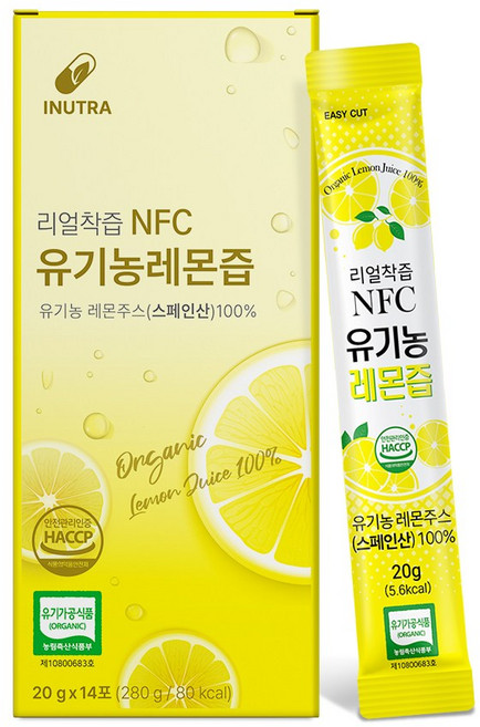 이누트라 리얼착즙 유기농 레몬즙 14포 1박스 스페인산 레몬 INUTRA, 280g