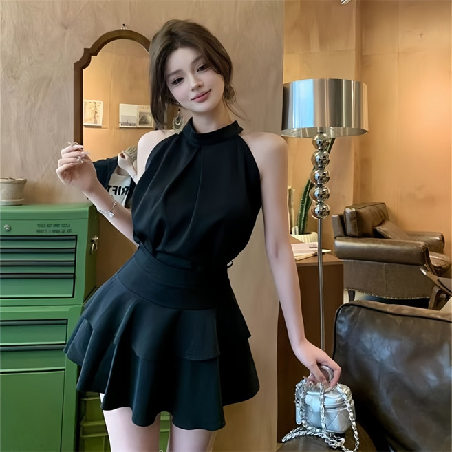 ZAJA 여성 민소매 홀터넥 나시 스커트 투피스 세트 허리조임 프릴 데일리 슬림핏