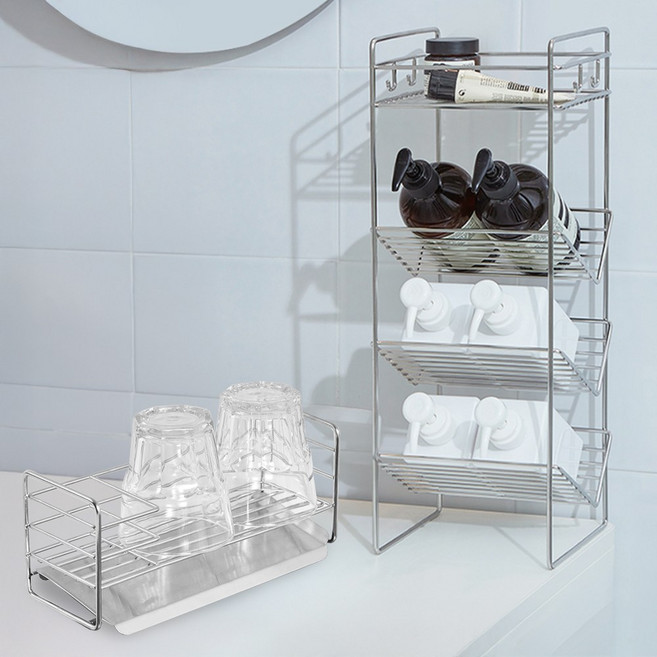 [리본제이]무디타 304 스텐 4단 샴푸랙 욕실 선반 SL + 자동 물빠짐 선반, 스텐 욕실 선반 S + 물빠짐 스텐 선반, 스텐 욕실 선반 S + 수세미거치대(분리형)