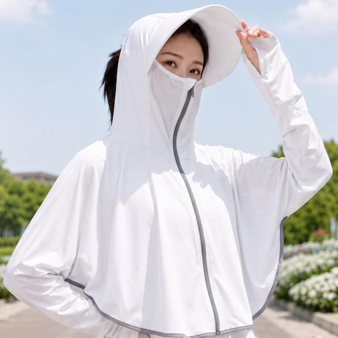 리아벤 여성 래쉬가드 후드집업 썬캡 얼굴가리개 손등커버 여름 커버업, 퓨어 화이트