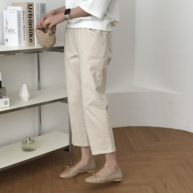 여성 9부 밴딩 면스판 슬림 통배기 팬츠 간절기 체형커버 데일리 짧은 바지