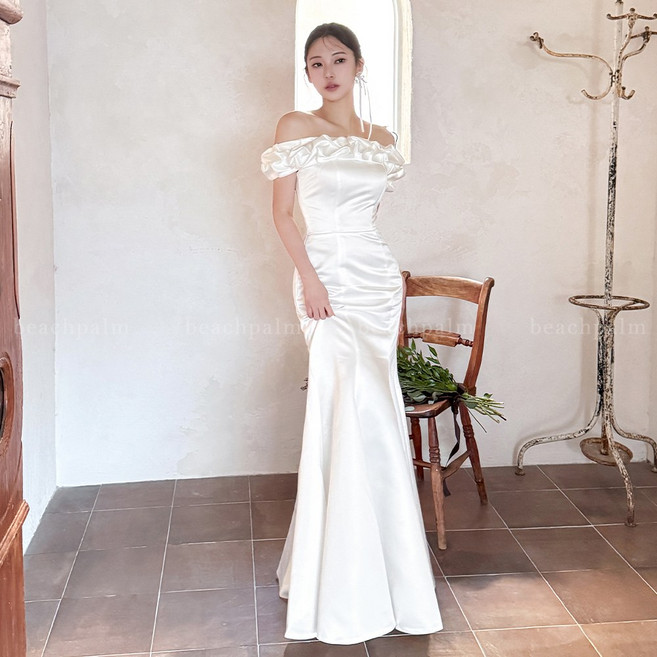 [비치팜]루미르 머메이드 웨딩 드레스 볼레로 세트 새틴 튜브탑 2부 피로연 연주회 파티