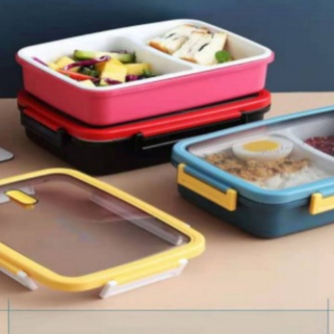 304不銹鋼分格保溫飯盒 學生便攜密封防漏餐盒, 混3色, 900ml-塑膠內膽