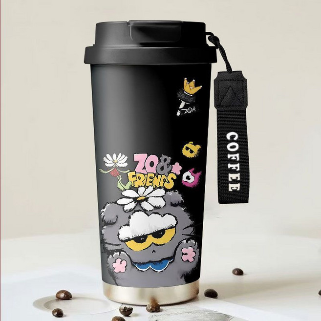ZOA 고양이 사무실용 보온컵 휴대용 스테인리스 텀블러, 더블 드링크 커피 컵, 블랙 l-GD, 1개
