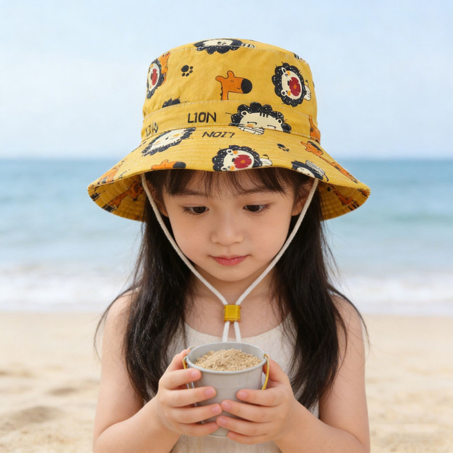 兒童卡通遮陽漁夫帽, 1個, 遮陽帽黃色獅子3-8歲均碼 帽圍50-54cm