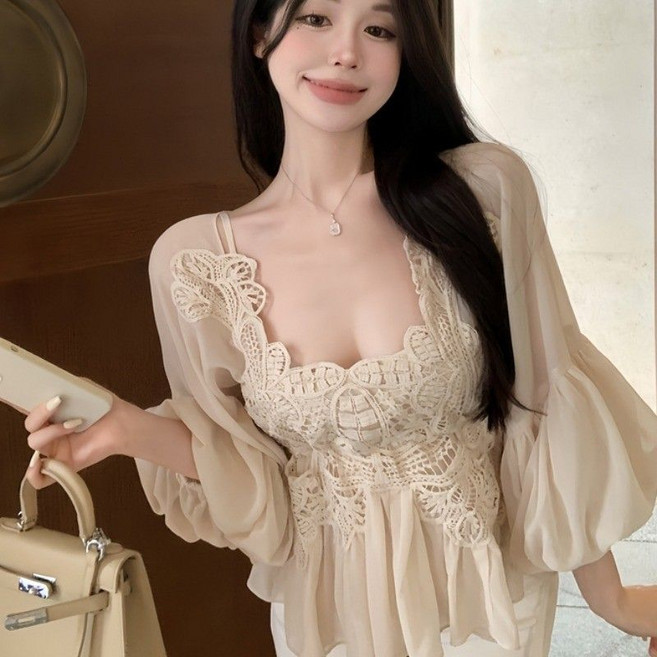 COSYEVNO 봄여름 여성 시스루 쉬폰 와이드 레이스 탑 CXJz-31