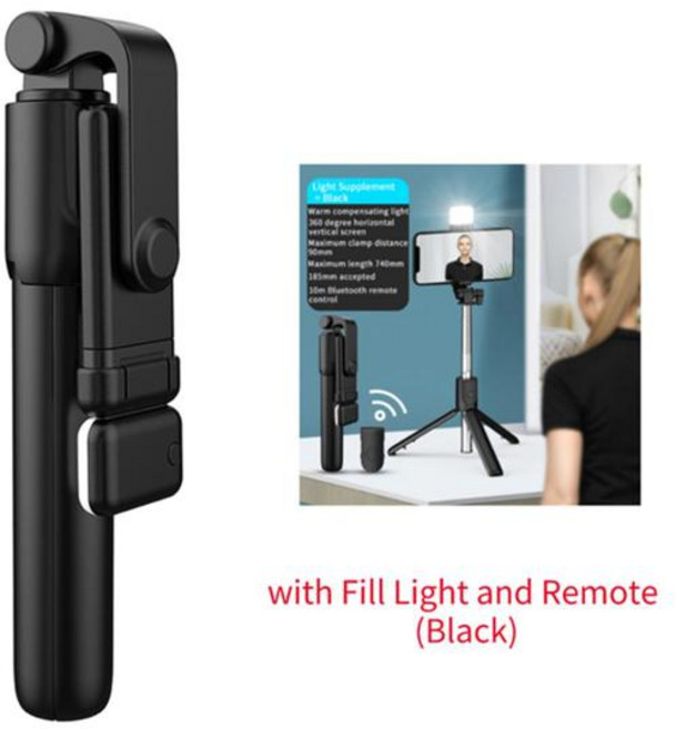 3 In 1 Selfie 스틱 Bluetooth 원격 삼각대필 라이트 포함 Tiktok 비디오 라이브 홀더용 셀 스마트폰용 접이식 브래킷, [01] Black