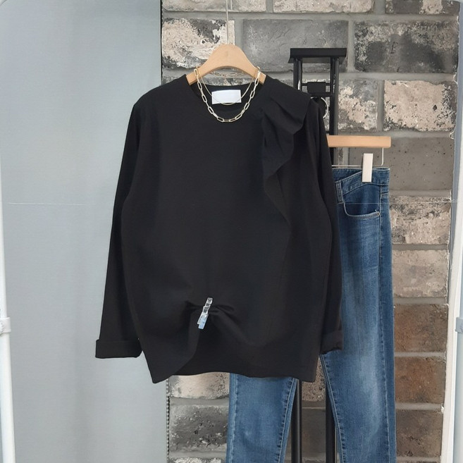 상상그이상 여성용 국내제작 3단 주름 티셔츠 고급스런 탄탄한 블라우스 느낌 파스텔 컬러 정장 스타일 자켓 속 이너 여성스러운 가성비 좋은 긴팔 간절기 티셔츠