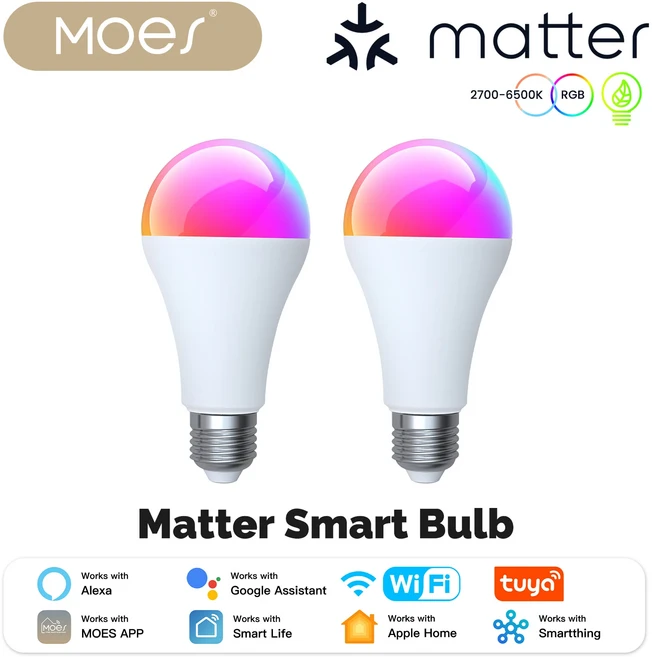 MOES 투야 매터 WIFI 스마트 LED 전구 가능 4W RGB CW E2색상 색상 변경 2색상00K6500K 앱 제어 알, 03 2 PCS