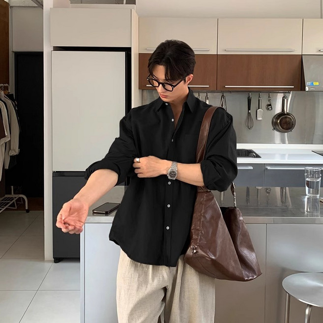 棉麻長袖襯衫男士春秋新款翻領休閒慵懶風純色寸衫感痞帥襯衣外套